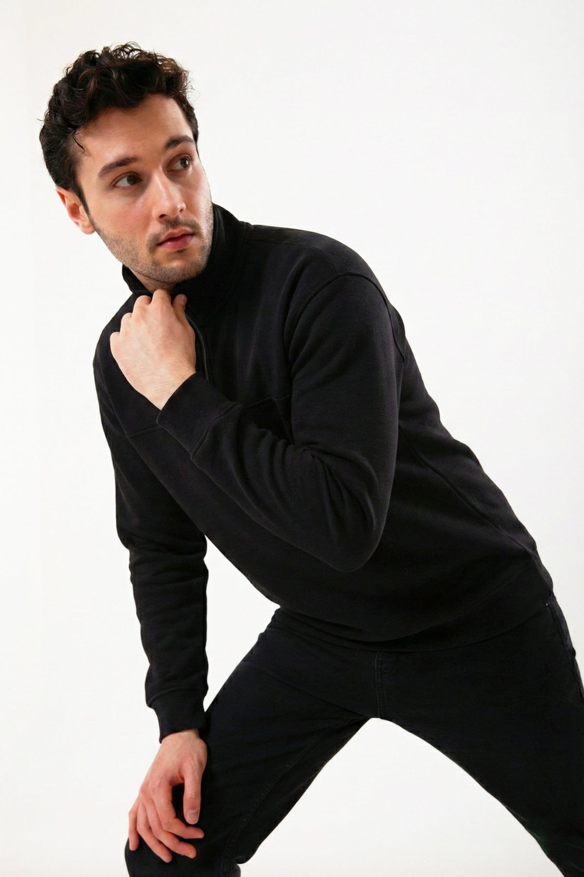 Yarım Fermuarlı Erkek Sweatshirt, Siyah - 2