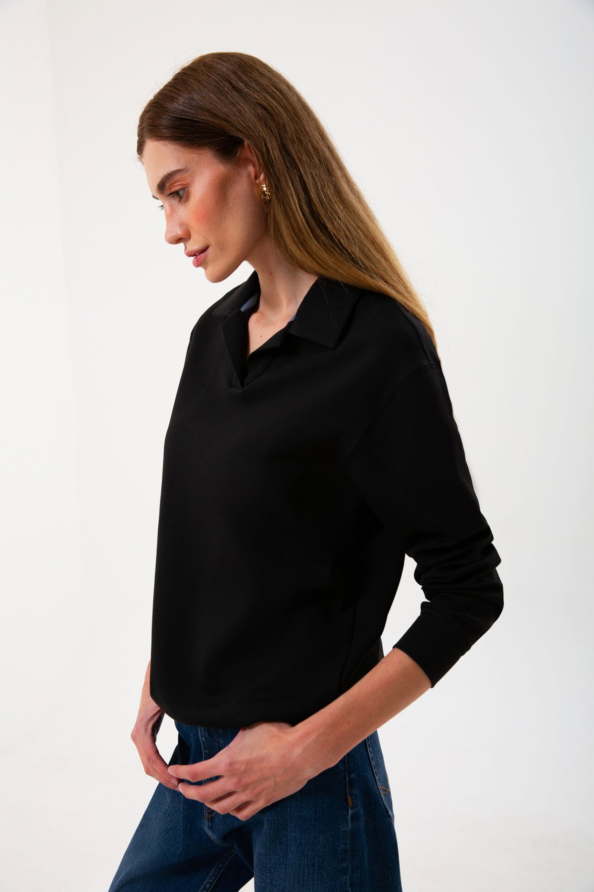 Polo Yaka Logo Nakışlı Sweatshirt, Siyah - 2