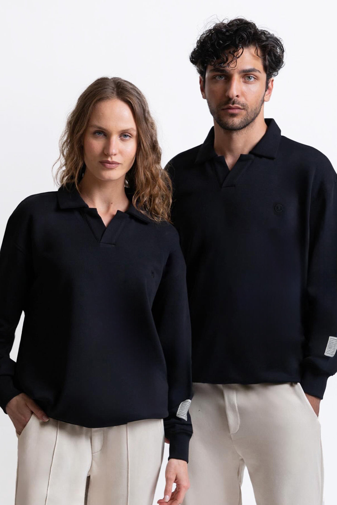 Polo Yaka Logo Nakışlı Sweatshirt, Siyah - 4