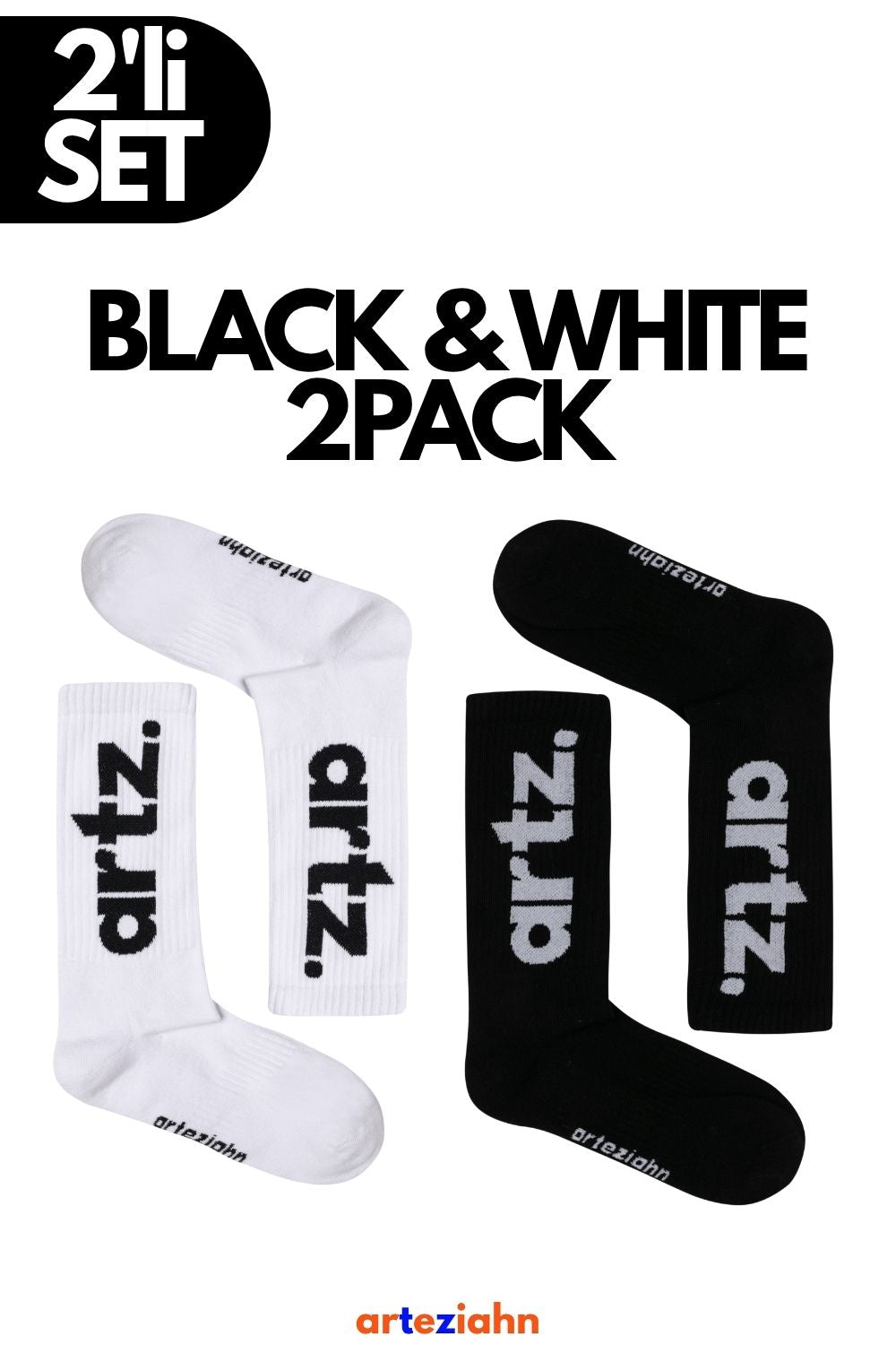 Essentials Black & White Lifestyle & Spor Havlu Taban Organik Pamuklu 2'li Çorap Seti - 0