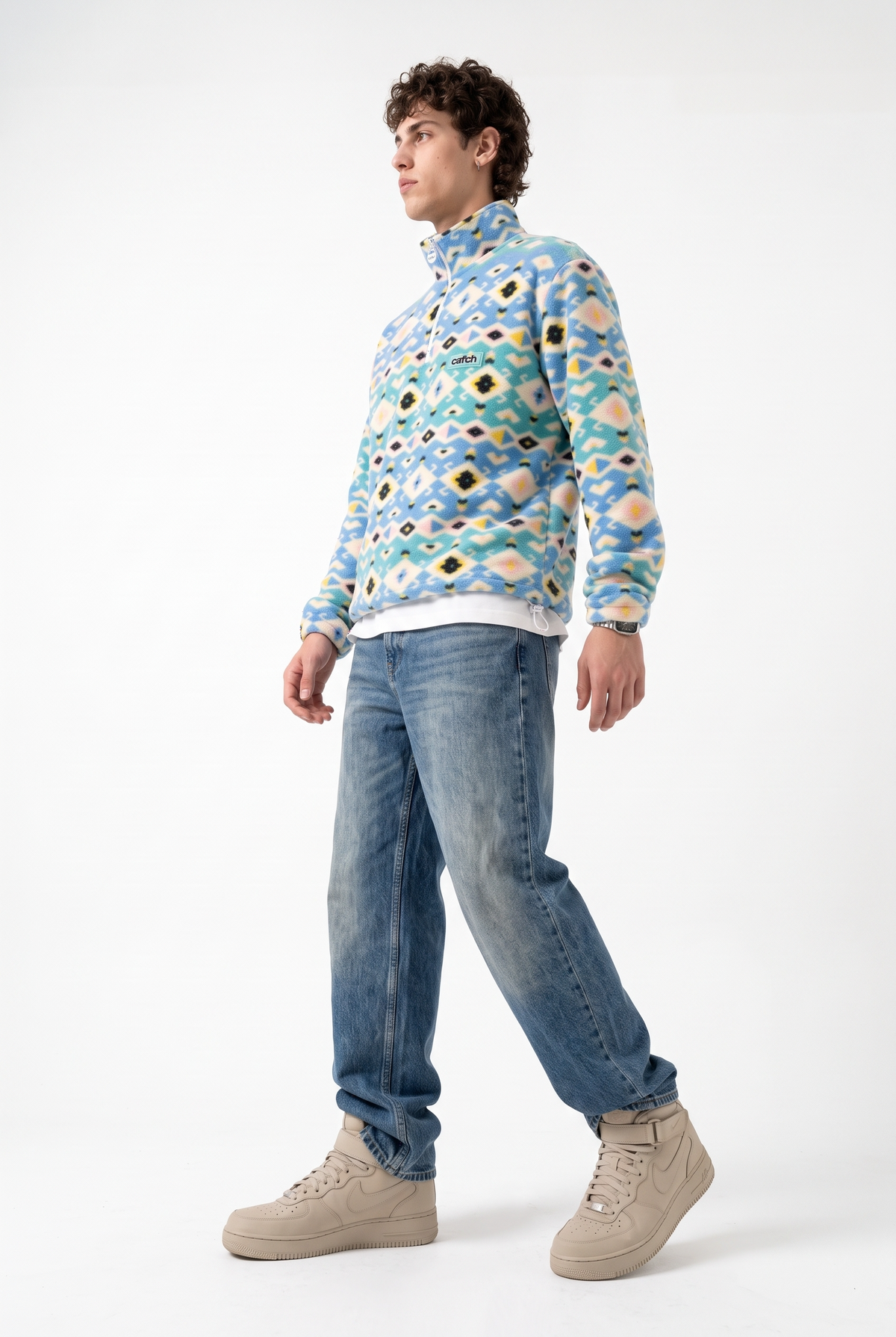 Fermuarlı Beli Büzgülü Oversize Polar Sweatshirt, Mavi-Sarı - 2