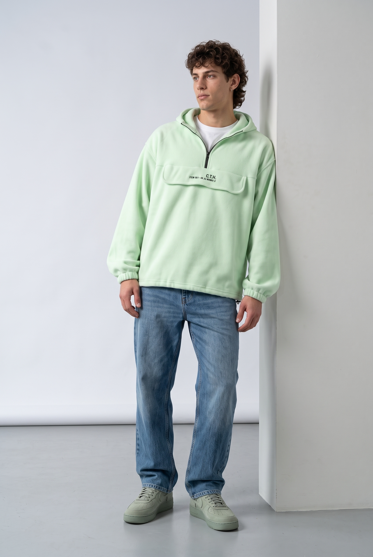 Yarım Fermuarlı Kapüşonlu Polar Sweatshirt, Yeşil - 2