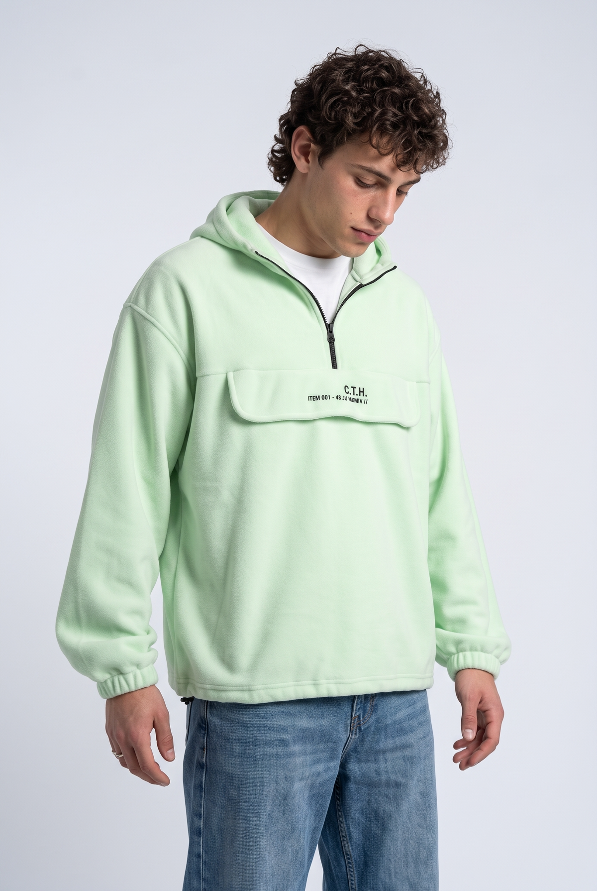 Yarım Fermuarlı Kapüşonlu Polar Sweatshirt, Yeşil - 4