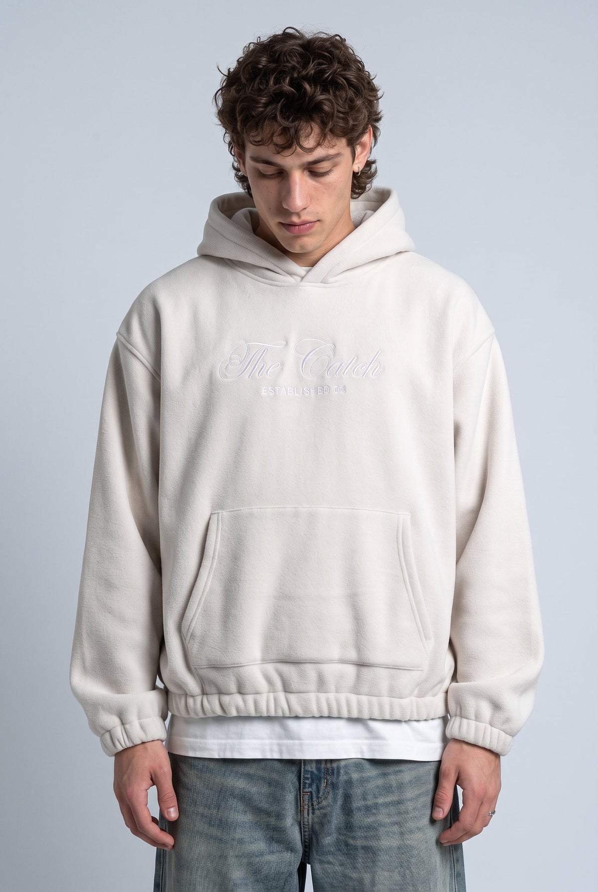Kapüşonlu Kanguru Cepli Nakışlı Sweatshirt, Taş - 2