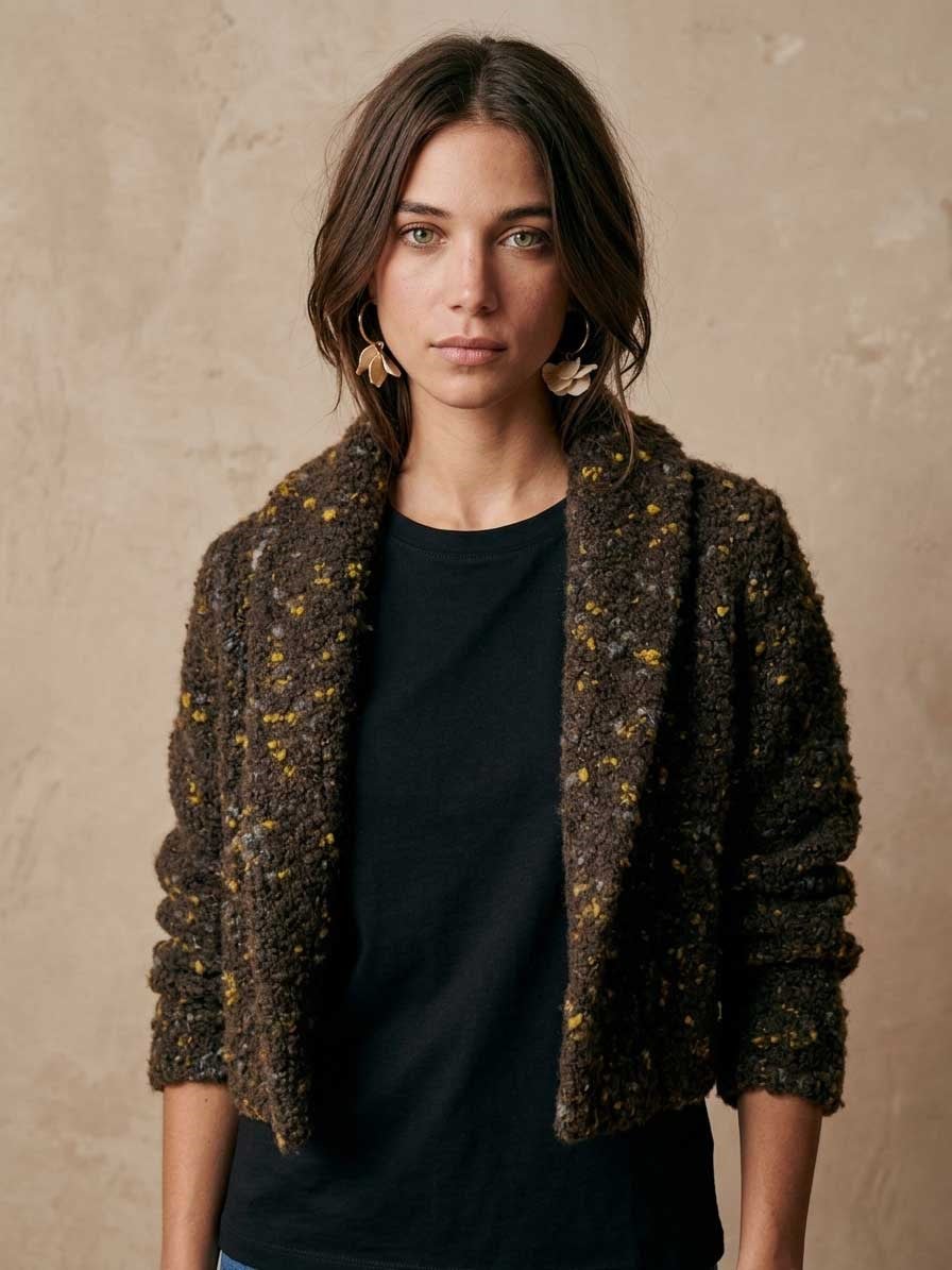 Peraluna Boucle Düz Örgü Kadın Bolero Hırka - Koyu Kahve