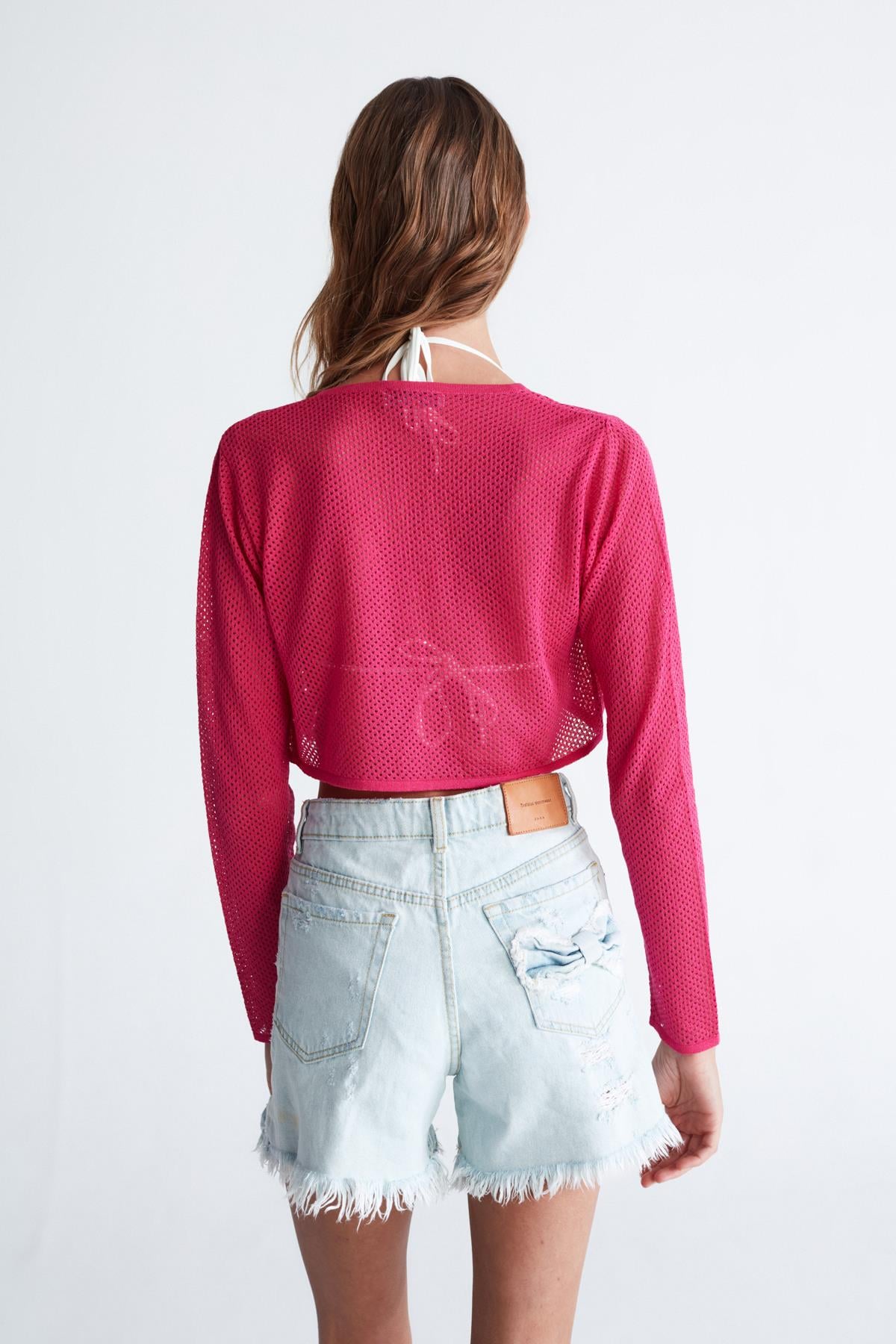 Peraluna Butterfly Bolero File Örgü Uzun Kol Triko Kadın Bolero - Magenta Pembe