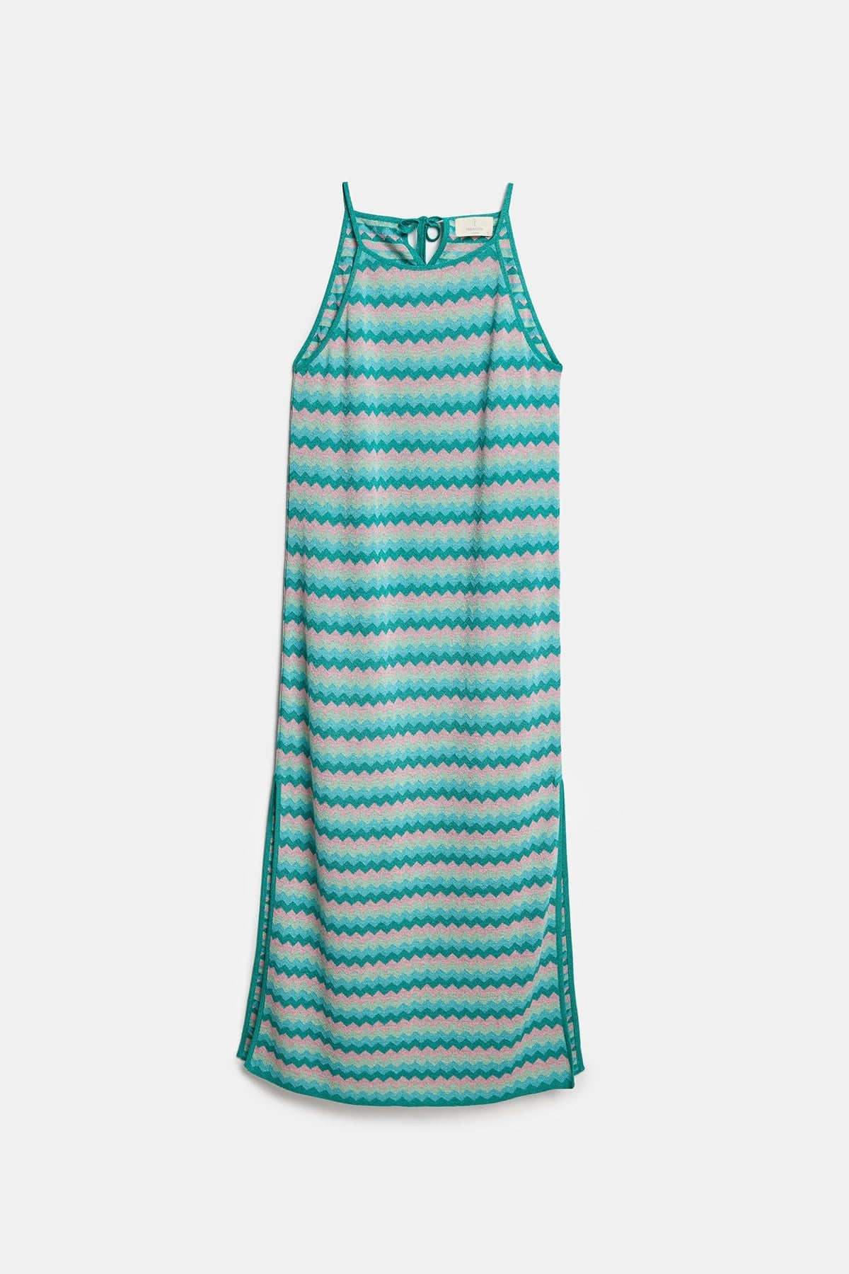 Peraluna Frizante Elbise, Halter Yaka Uzun Yazlık Elbise - Pembe Mavi Multi