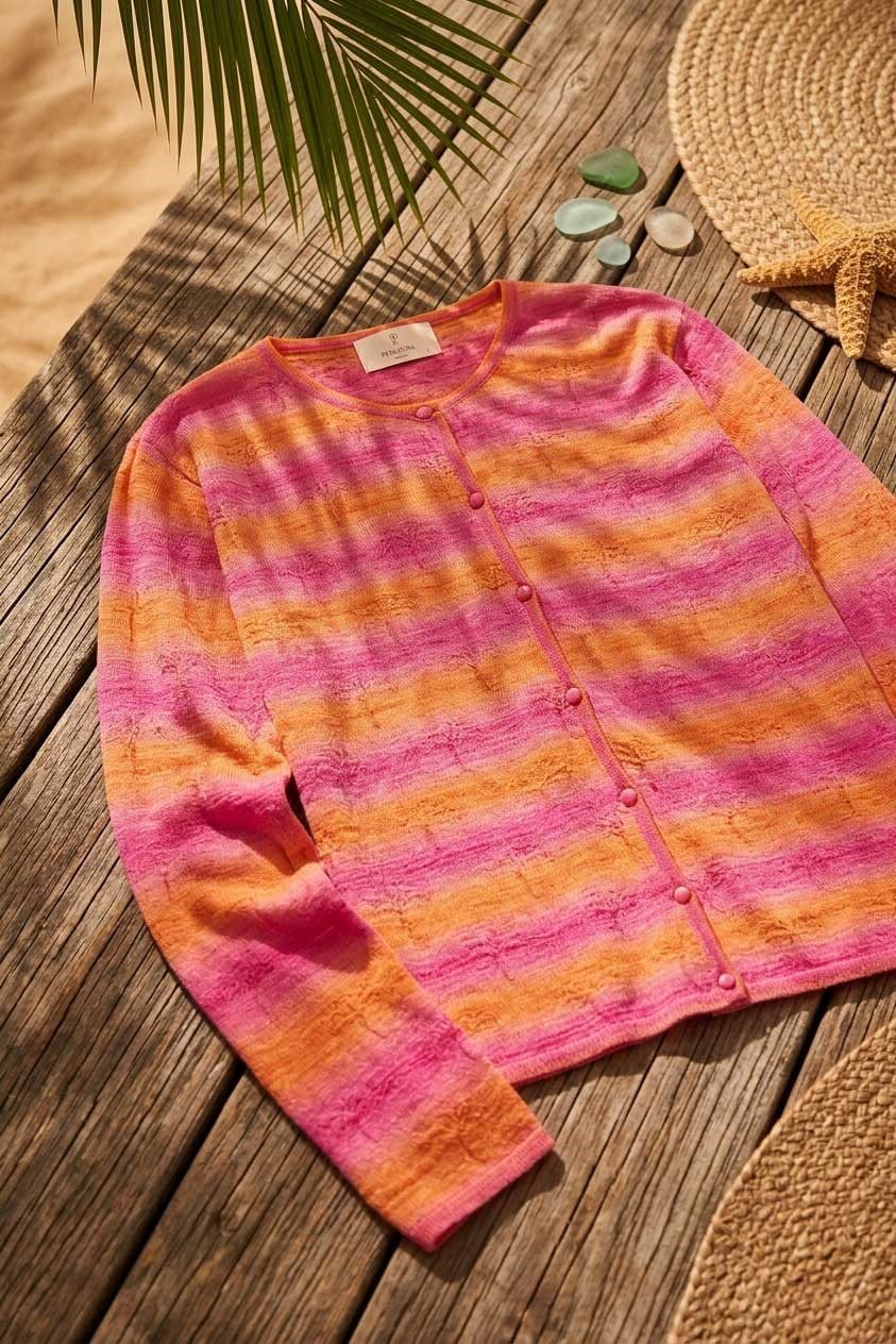 Peraluna Sunset Bloom Hırka, Kadın Yazlık Ince Triko Hırka - Pembe Turuncu Multi