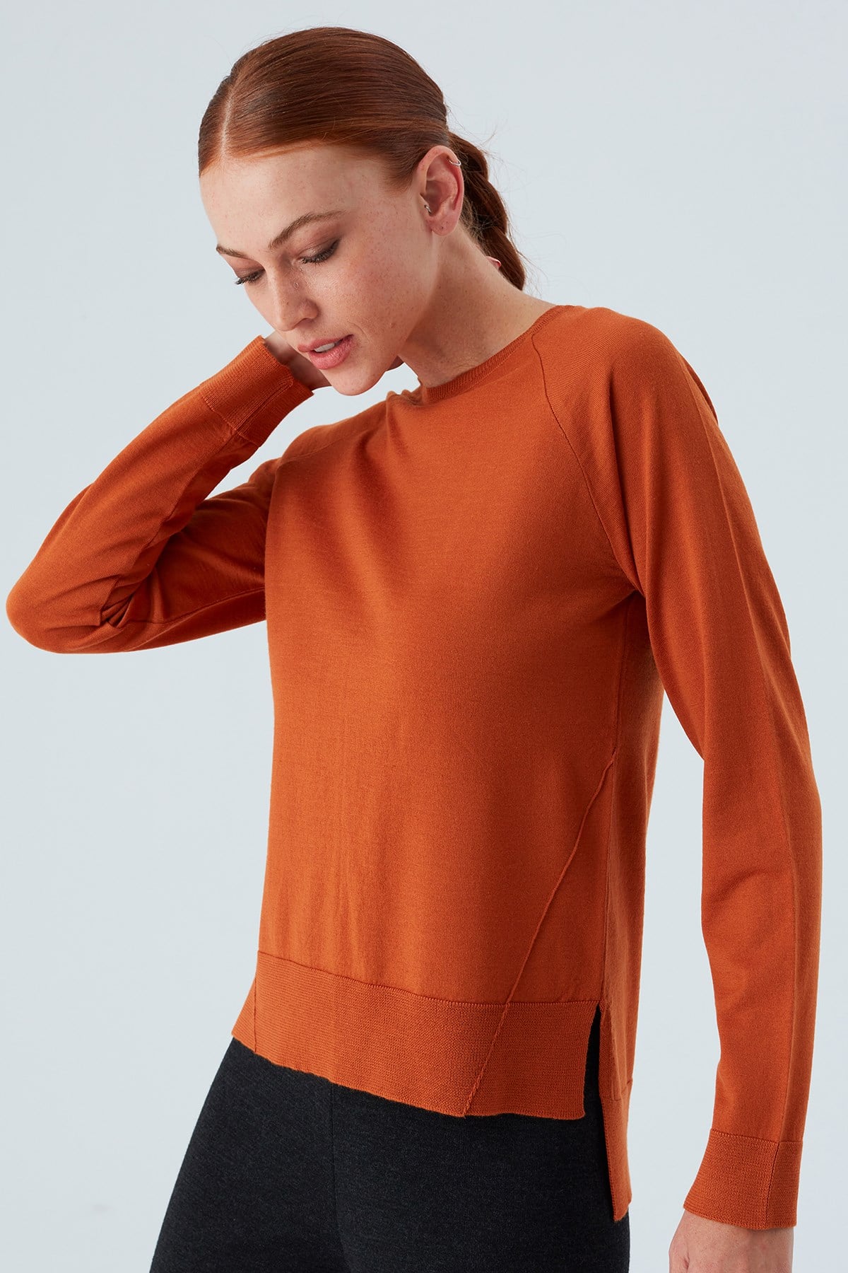 Peraluna Vanessa Pullover Merino Yünlü Yanları Yırtmaçlı Ince Kadın Triko Kazak - Turuncu