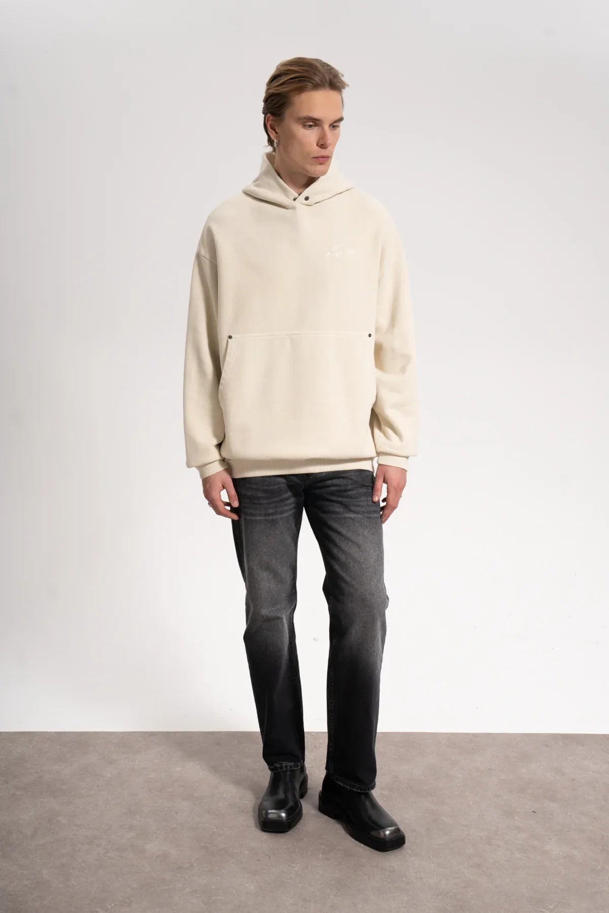 Erkek Oversized Washed Embroidered Hoodie - Bej