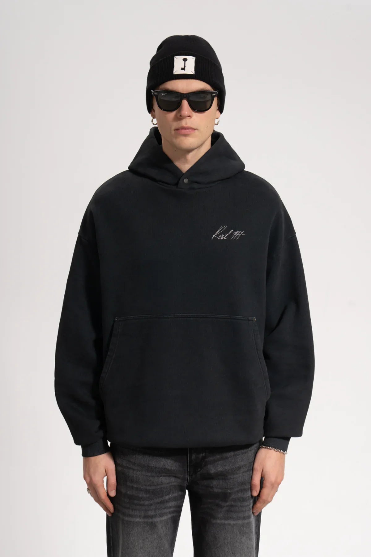 Erkek Oversized Washed Embroidered Hoodie - Siyah