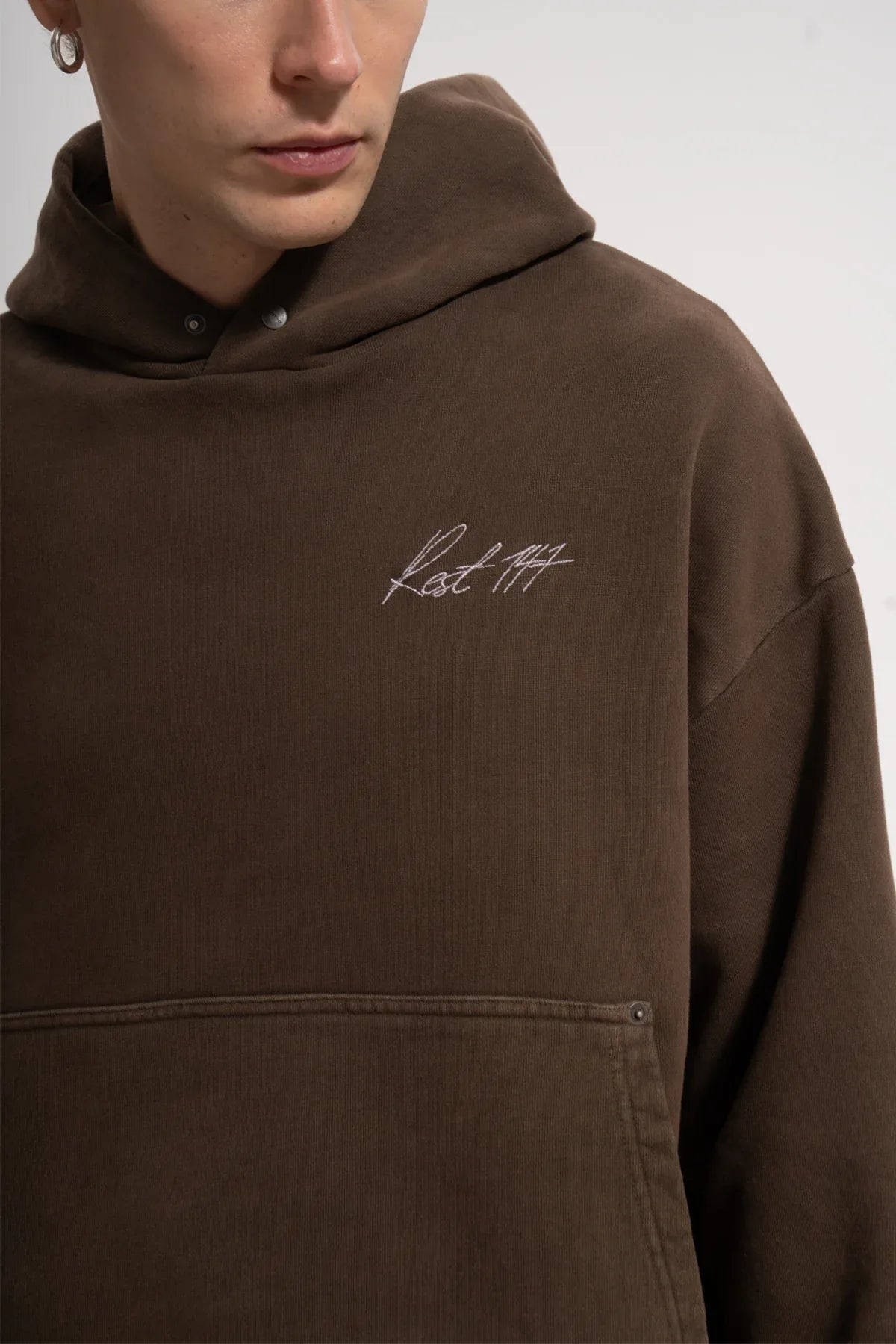 Erkek Oversized Washed Embroidered Hoodie - Kahverengi