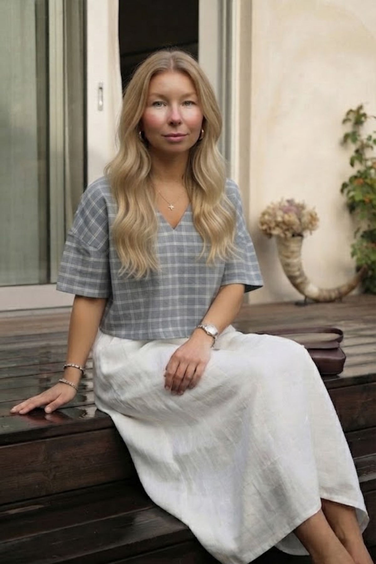 Siena Crop Üst | Lonse Linen | Krem-Toprak & Krem-Mavi Taş