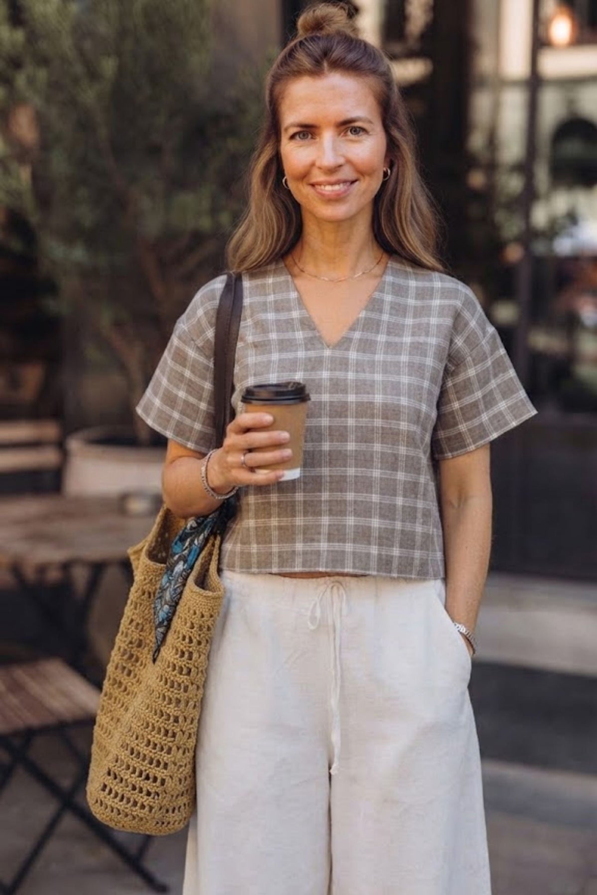 Siena Crop Üst | Lonse Linen | Krem-Toprak & Krem-Mavi Taş