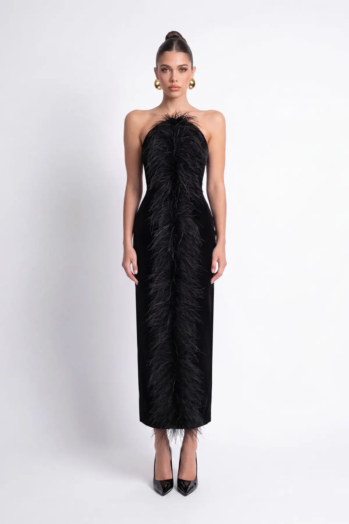 SiYah Tüy Detayli KadiFe Bodycon MiDi ElbiSe
