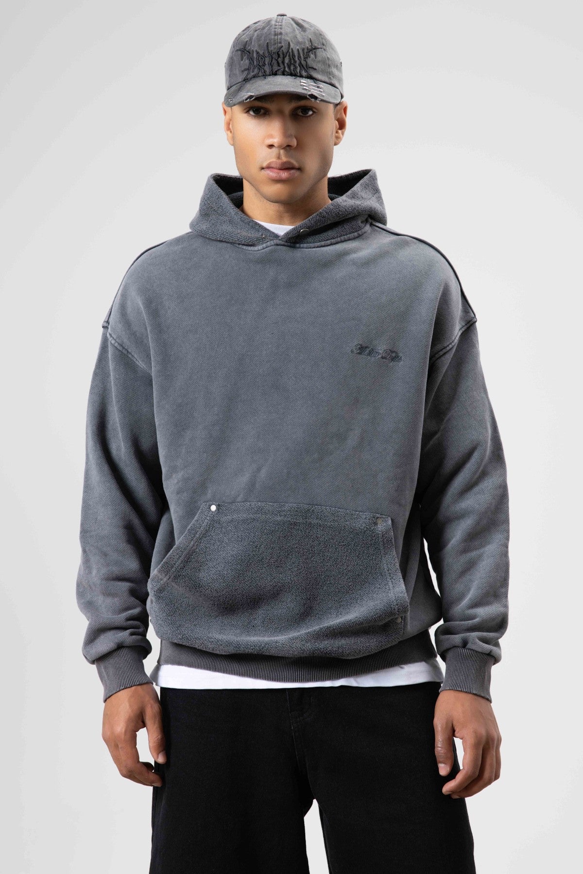 Oversize Yıkamalı Baskılı Kapüşonlu Sweatshirt