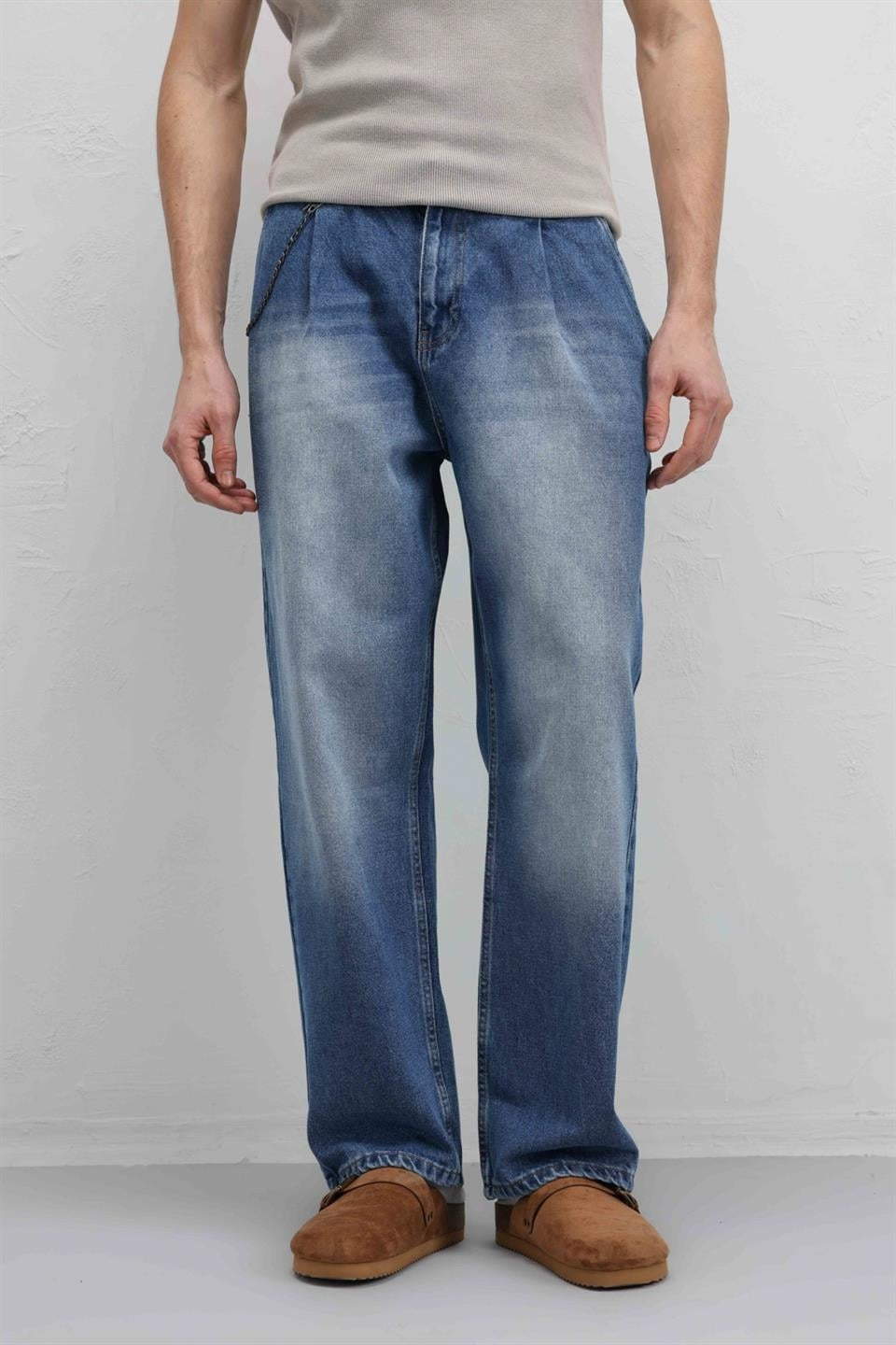 Pileli ZiNcir Detaylı Baggy Jean