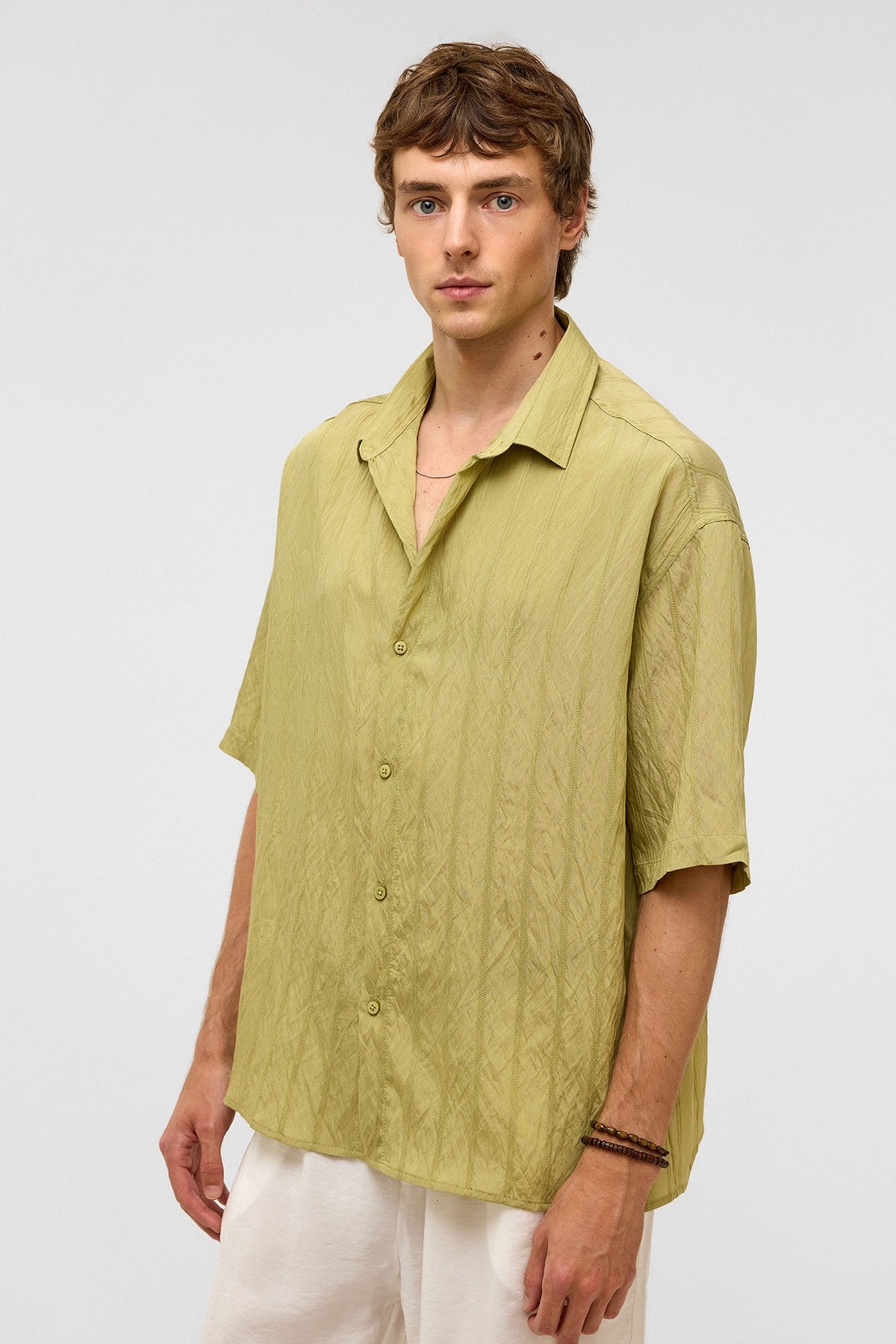 Oversize Çizgili Kısa Kollu Modal Kumaş Gömlek