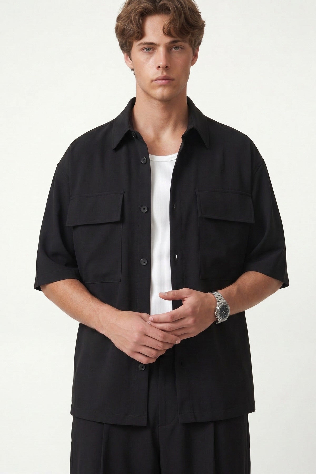 Oversize Esnek Kumaşlı Cepli Gömlek