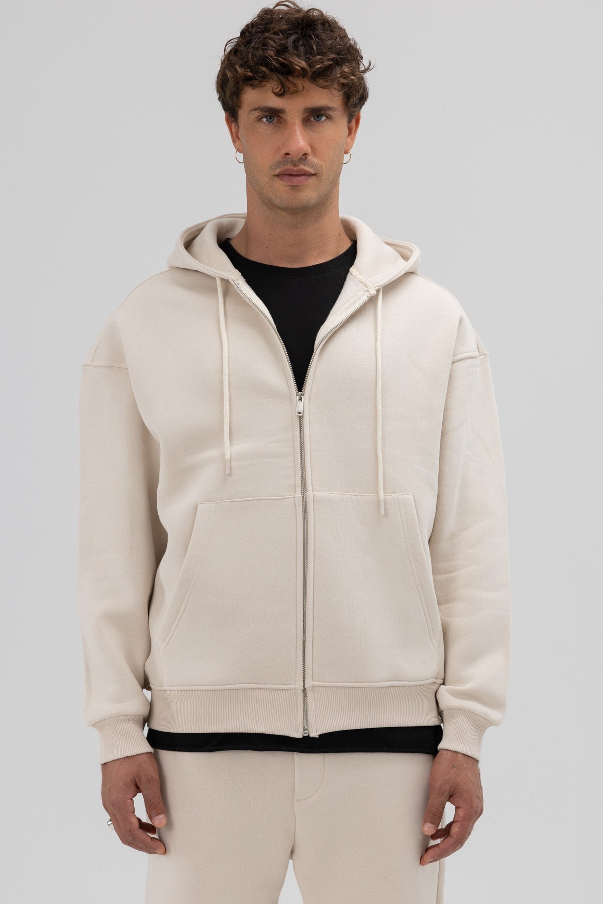 Basic Fermuarlı Oversize Kapüşonlu Sweatshirt