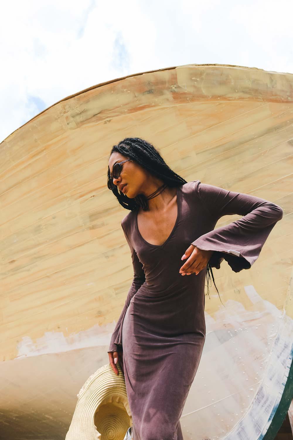 Kahshan-Goddess Brown Maxi Bamboo Dress-Elbise-6-Milagron.com