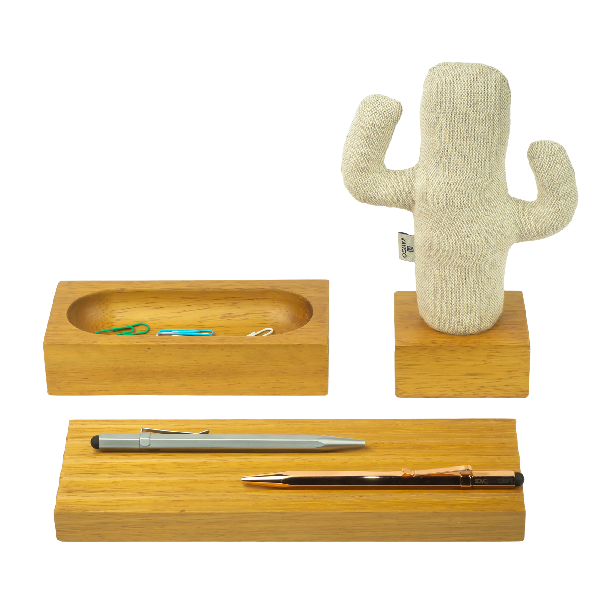 Kayigo-Woody İroko Ağacı üçlü Ofis Seti Krem Kaktüs-Masaüstü Organizer-1-Milagron.com