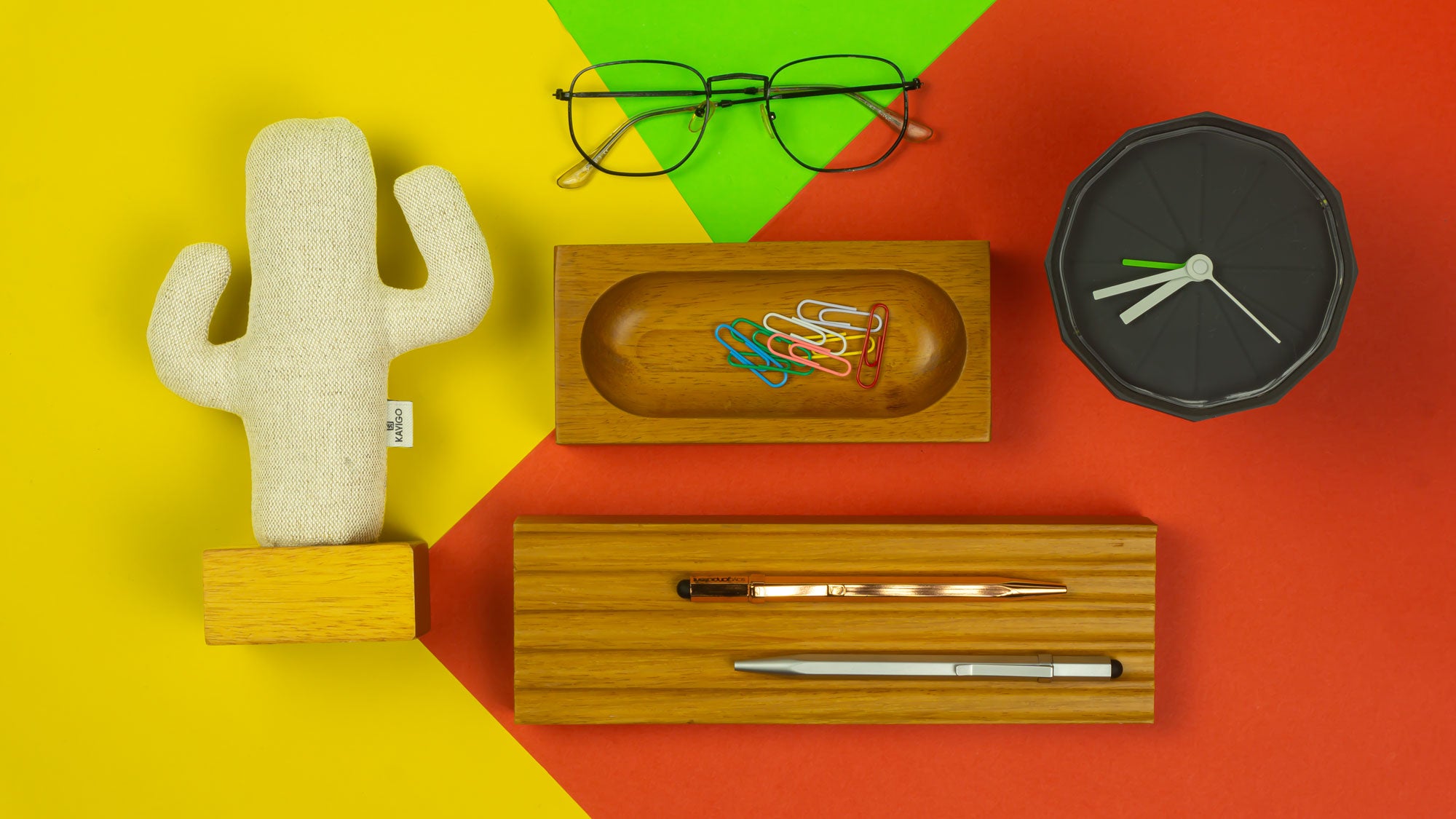 Kayigo-Woody İroko Ağacı üçlü Ofis Seti Krem Kaktüs-Masaüstü Organizer-3-Milagron.com