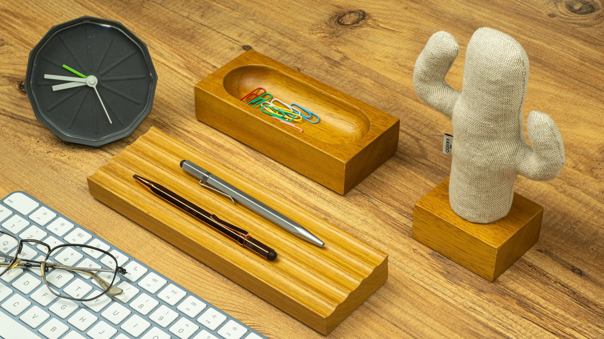 Kayigo-Woody İroko Ağacı üçlü Ofis Seti Krem Kaktüs-Masaüstü Organizer-4-Milagron.com