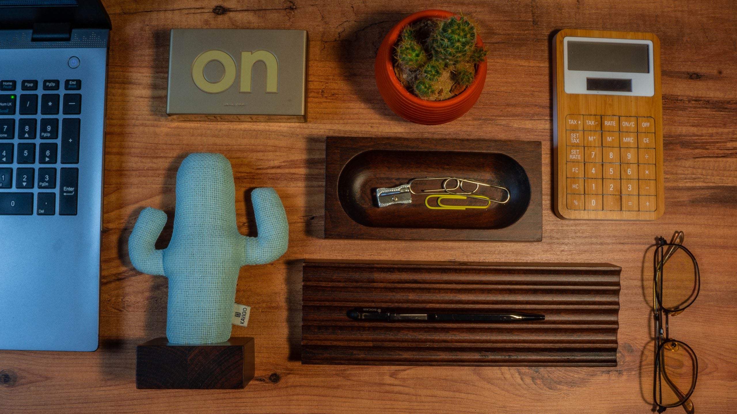 Kayigo-Woody Koyu Kahverengi üçlü Ofis Seti Mavi Kaktüs-Masaüstü Organizer-3-Milagron.com