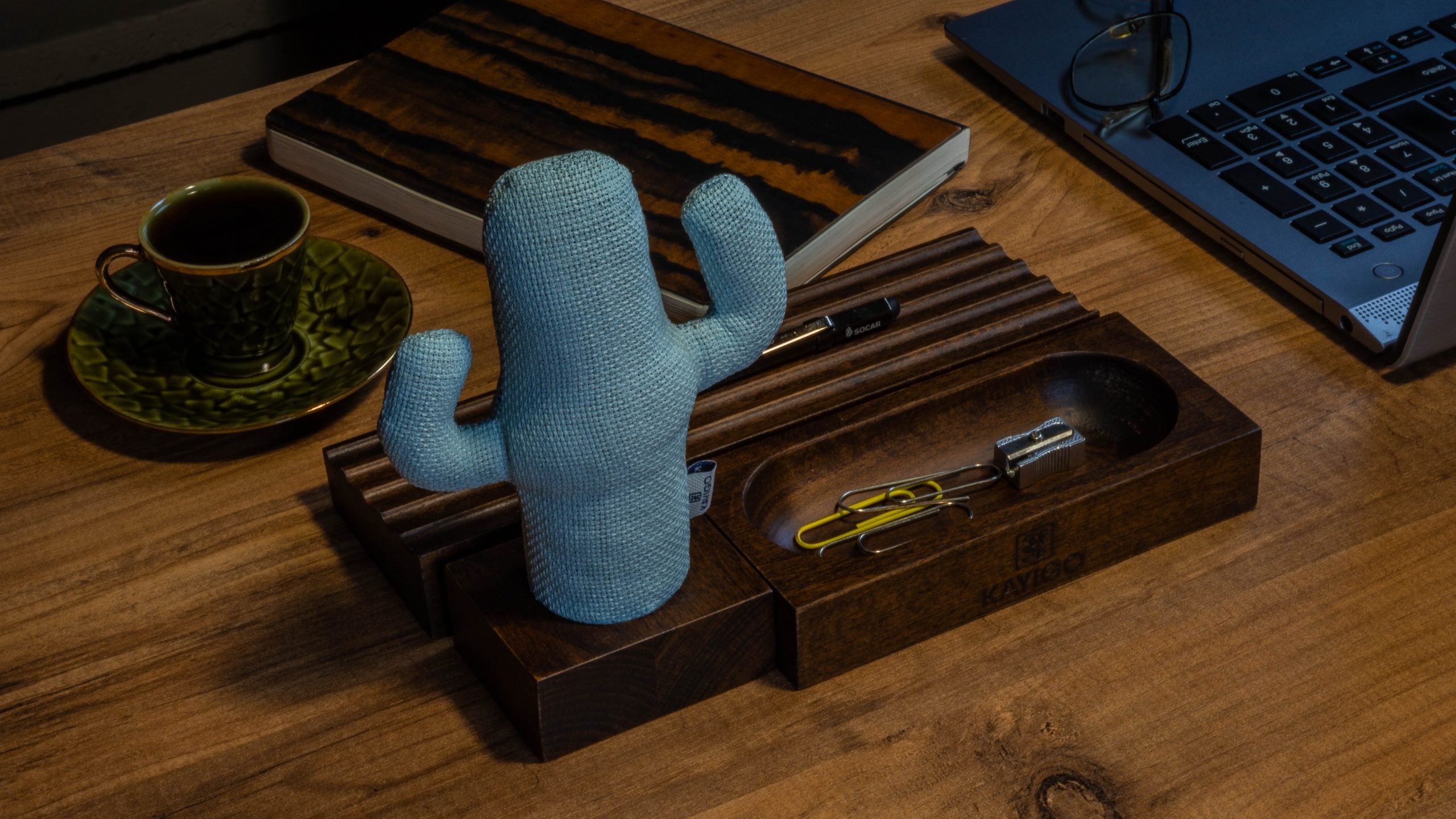 Kayigo-Woody Koyu Kahverengi üçlü Ofis Seti Mavi Kaktüs-Masaüstü Organizer-4-Milagron.com