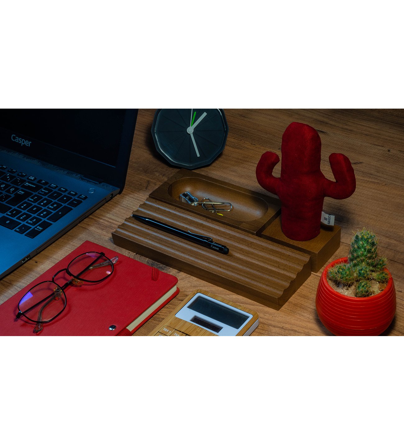 Kayigo-Woody üçlü Ofis Seti Açık Kahverengi Kırmızı Kaktüs-Masaüstü Organizer-4-Milagron.com