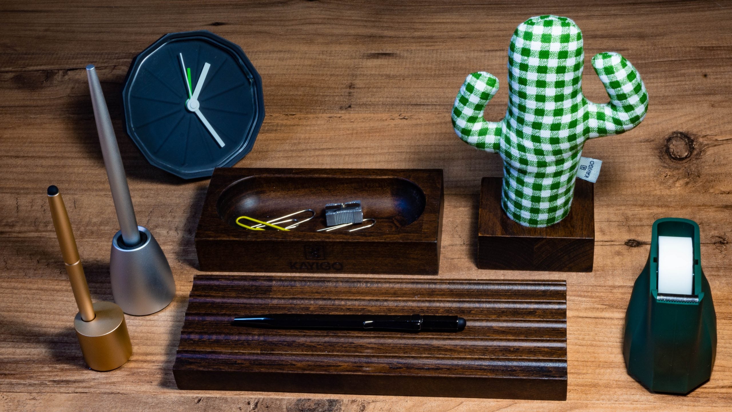 Kayigo-Woody üçlü Ofis Seti Koyu Kahverengi Pötikare Kaktüs-Masaüstü Organizer-3-Milagron.com