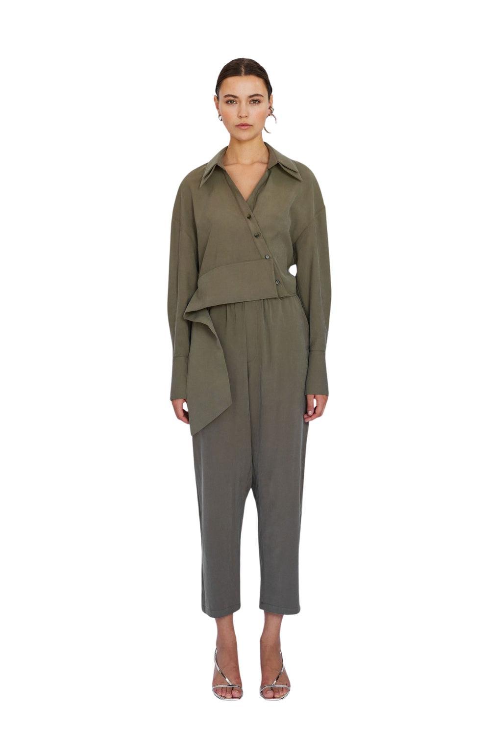 Mirimalist-Flow Haki Cupro Gömlek-Gömlek-1-Milagron.com