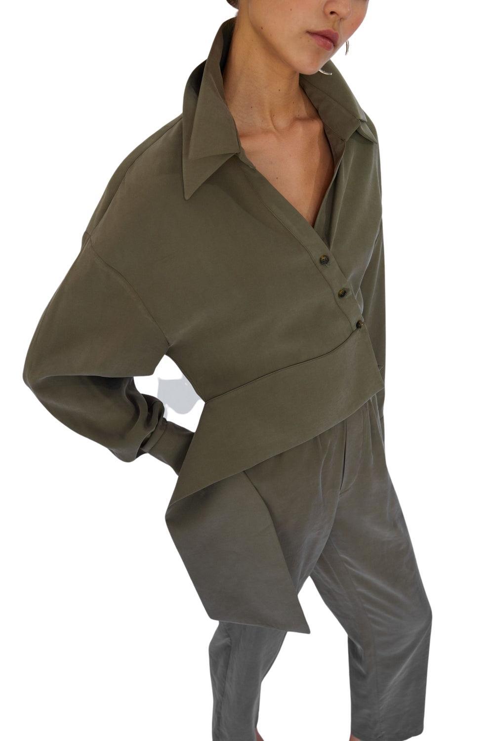 Mirimalist-Flow Haki Cupro Gömlek-Gömlek-2-Milagron.com