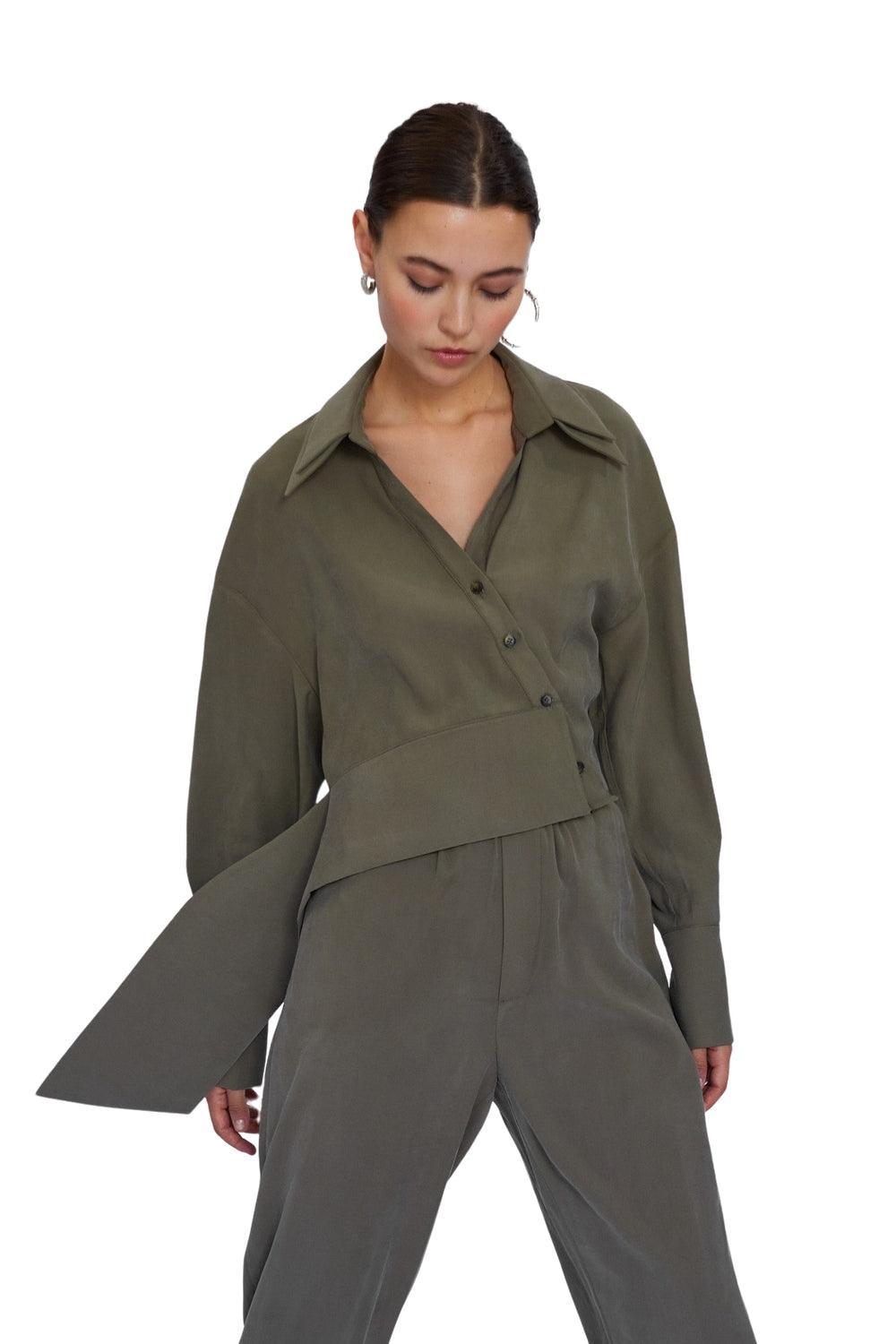 Mirimalist-Flow Haki Cupro Gömlek-Gömlek-4-Milagron.com