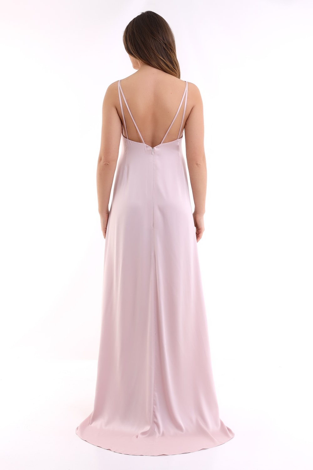 Silk Parade-Saf İpek Saten Pudra Pembesi Gece Elbisesi-Elbise-4-Milagron.com
