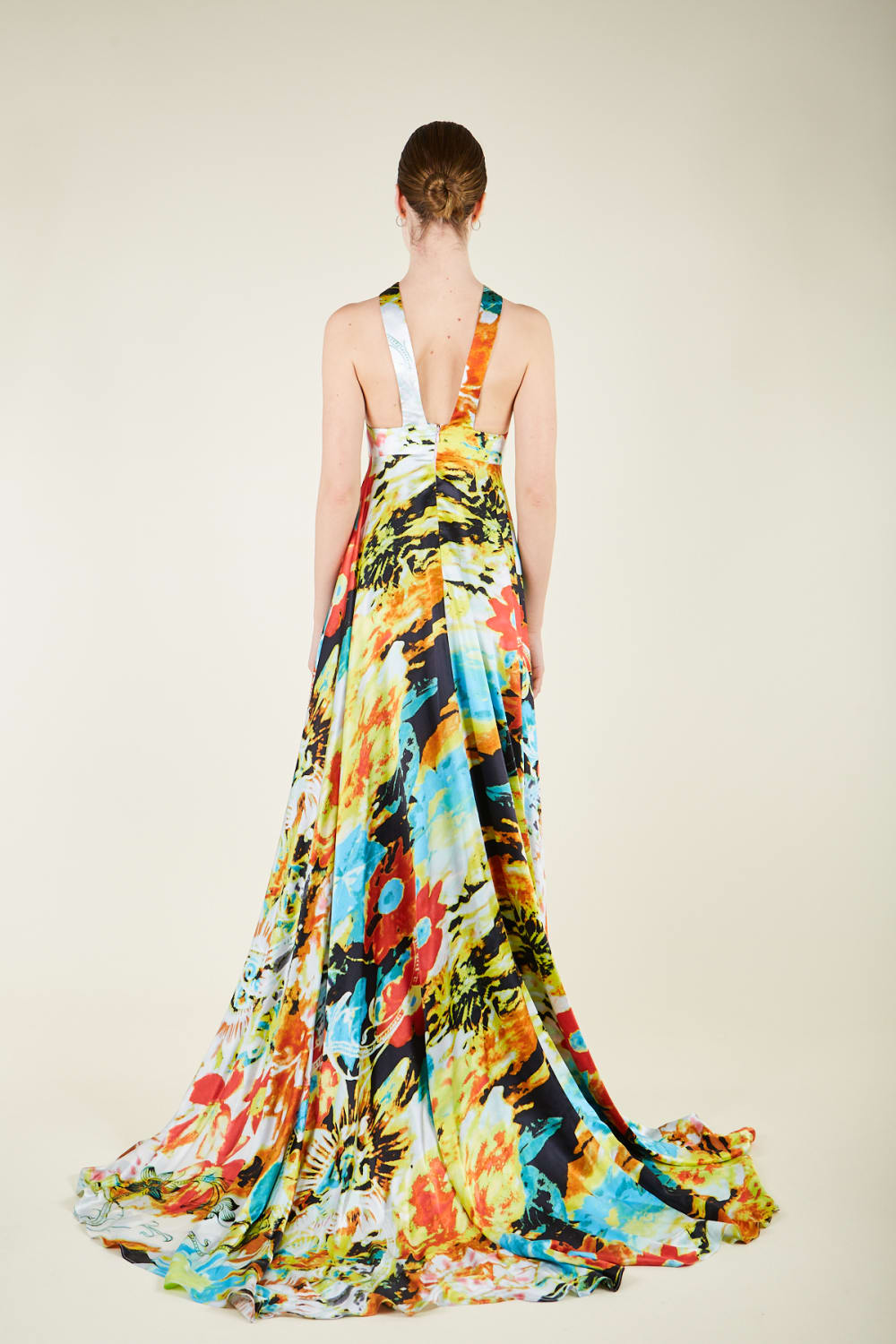 Silk Parade-Saf İpek Saten Sarı Desenli Gece Elbisesi-Elbise-5-Milagron.com