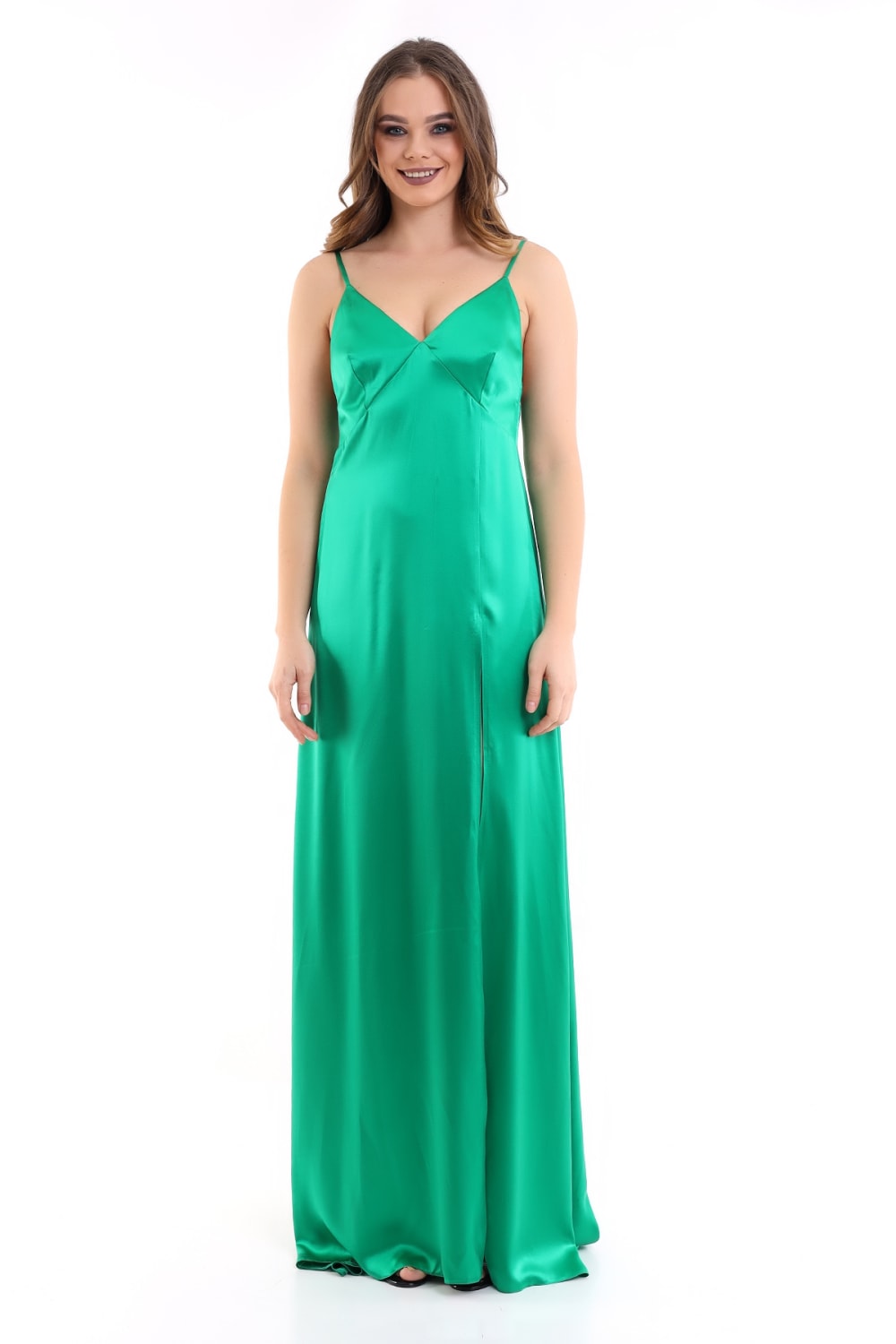 Silk Parade-Saf İpek Saten Yeşil Gece Elbisesi-Elbise-2-Milagron.com