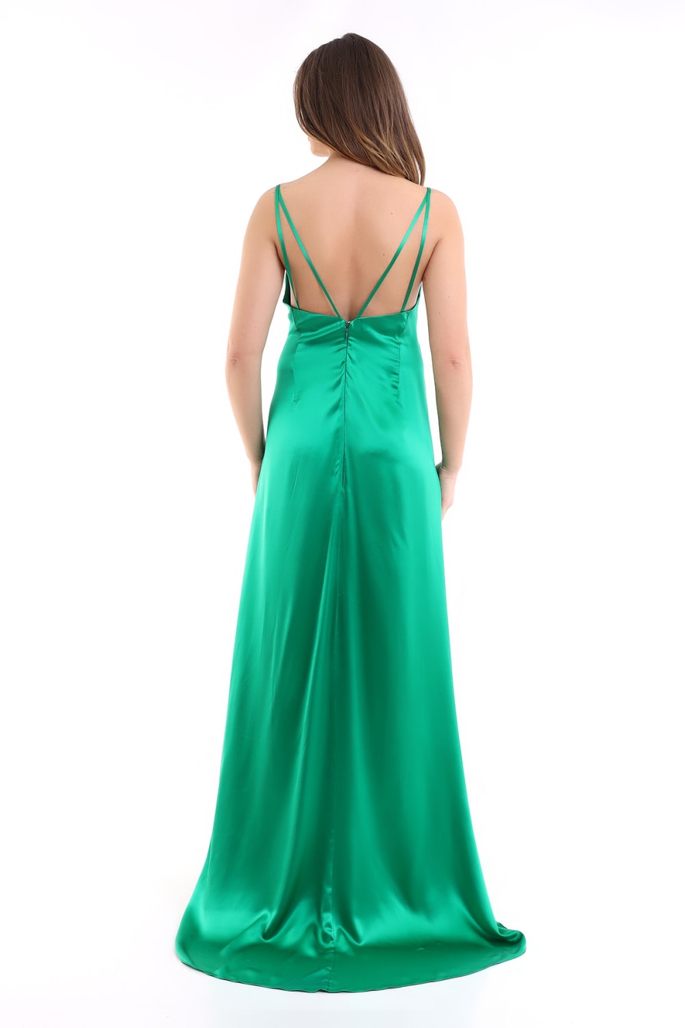 Silk Parade-Saf İpek Saten Yeşil Gece Elbisesi-Elbise-3-Milagron.com