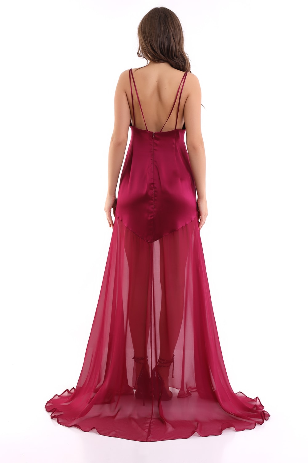 Silk Parade-Saf İpek Saten ve Şifon Bordo Gece Elbisesi-Elbise-2-Milagron.com