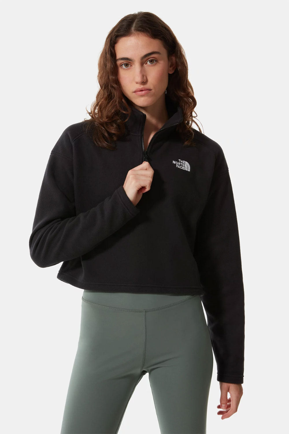 The North Face-Women 100 Glacier Cropped 1/4 Zip Black-Sweatshirts & Hoodies-1-Milagron.com