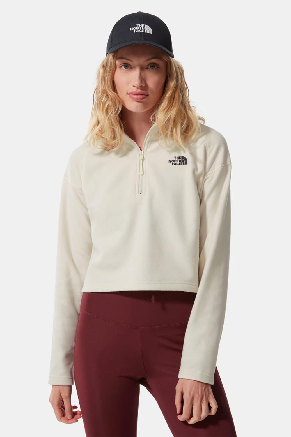 The North Face-Women 100 Glacier Cropped 1/4 Zip White-Sweatshirts & Hoodies-1-Milagron.com