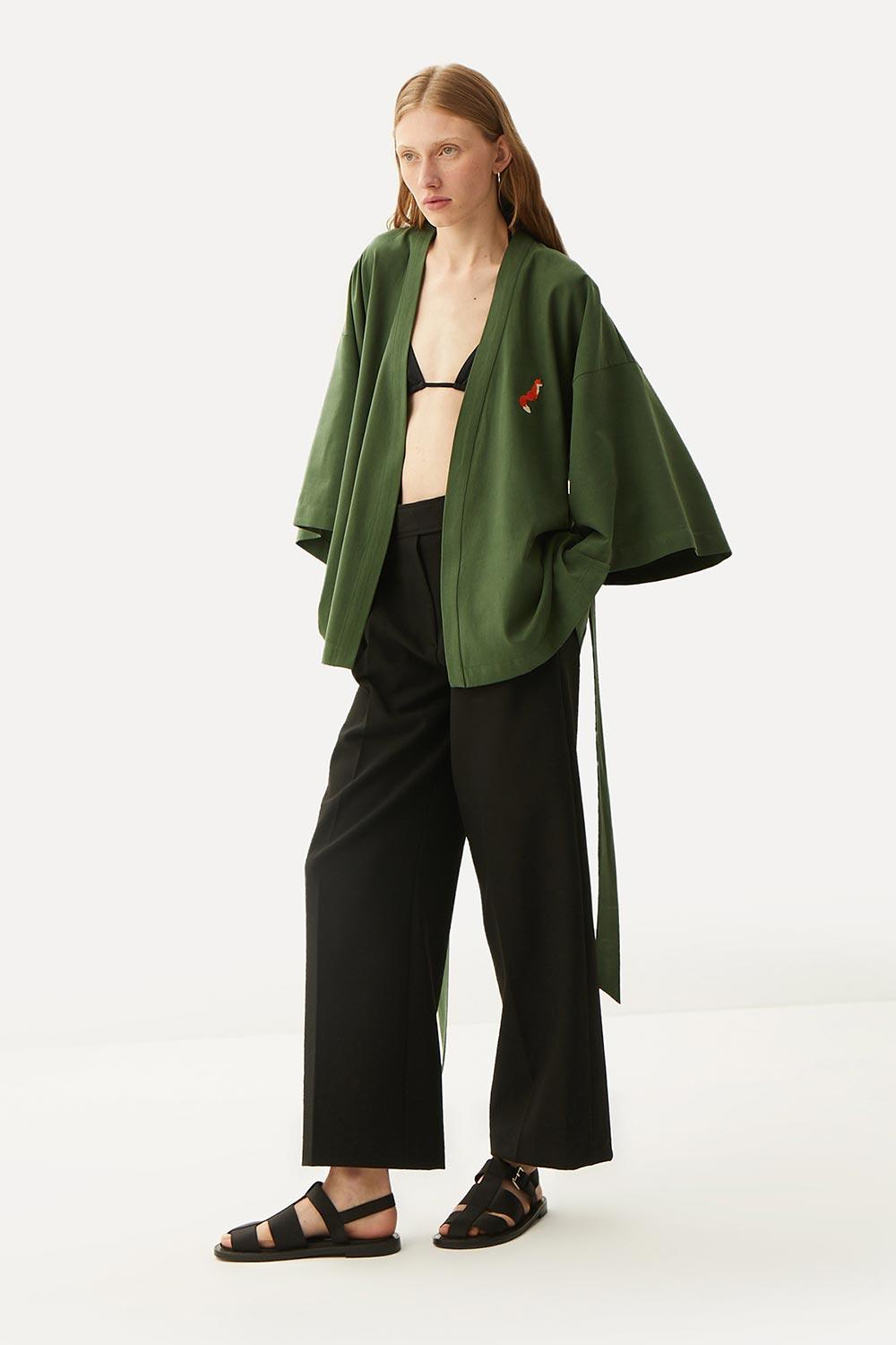 WWF Market-Kızıl Tilki Kısa Kollu TENCEL™ Kimono - Haki-Kimono-5-Milagron.com