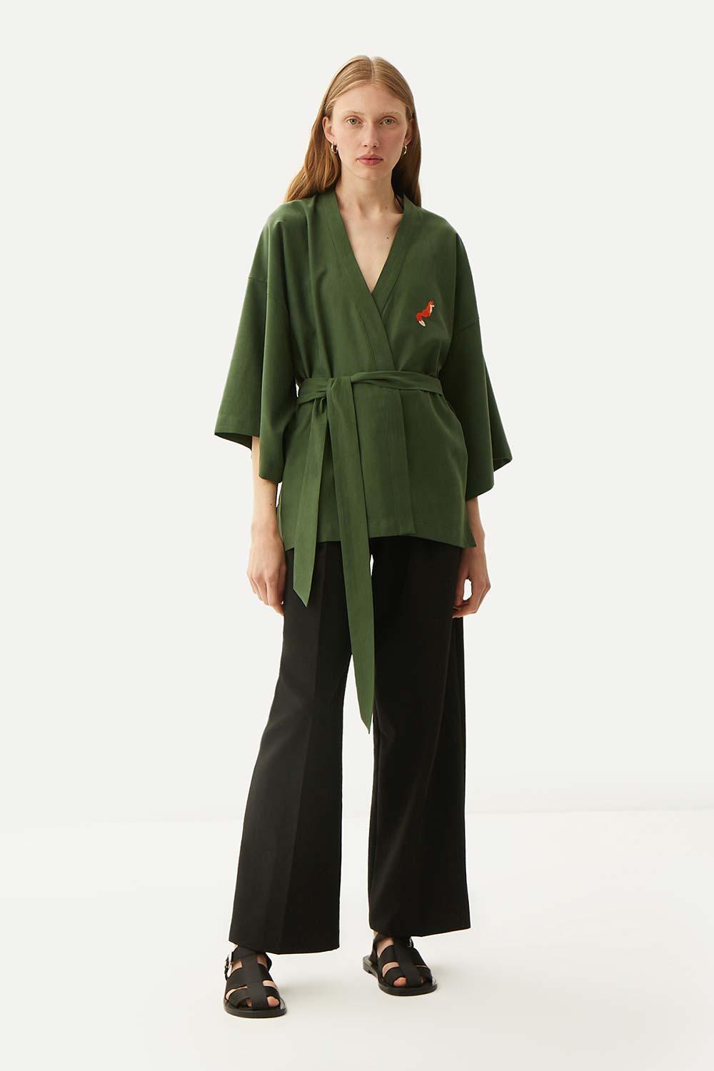 WWF Market-Kızıl Tilki Kısa Kollu TENCEL™ Kimono - Haki-Kimono-6-Milagron.com