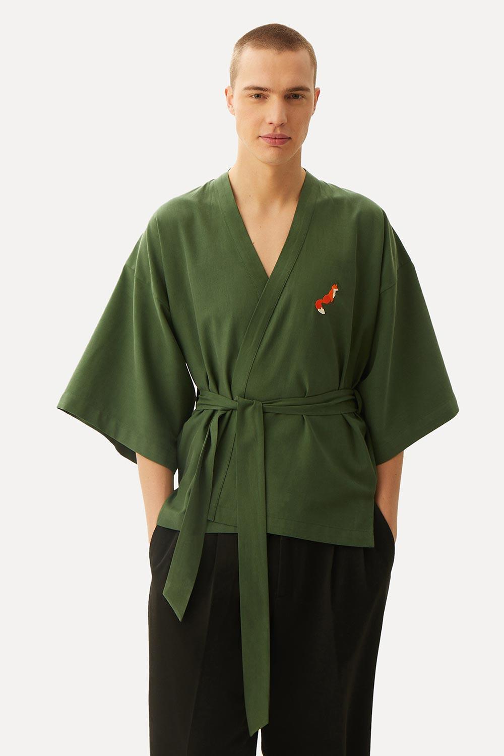 WWF Market-Kızıl Tilki Kısa Kollu TENCEL™ Kimono - Haki-Kimono-8-Milagron.com