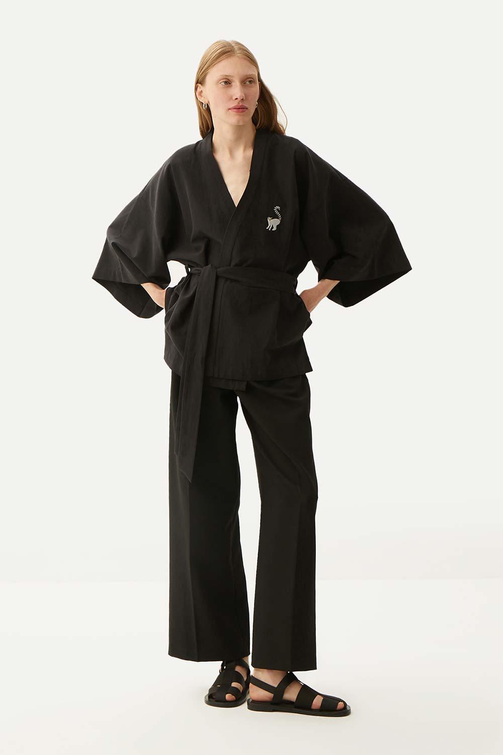WWF Market-Lemur Kısa Kollu TENCEL™ Kimono - Siyah-Kimono-7-Milagron.com