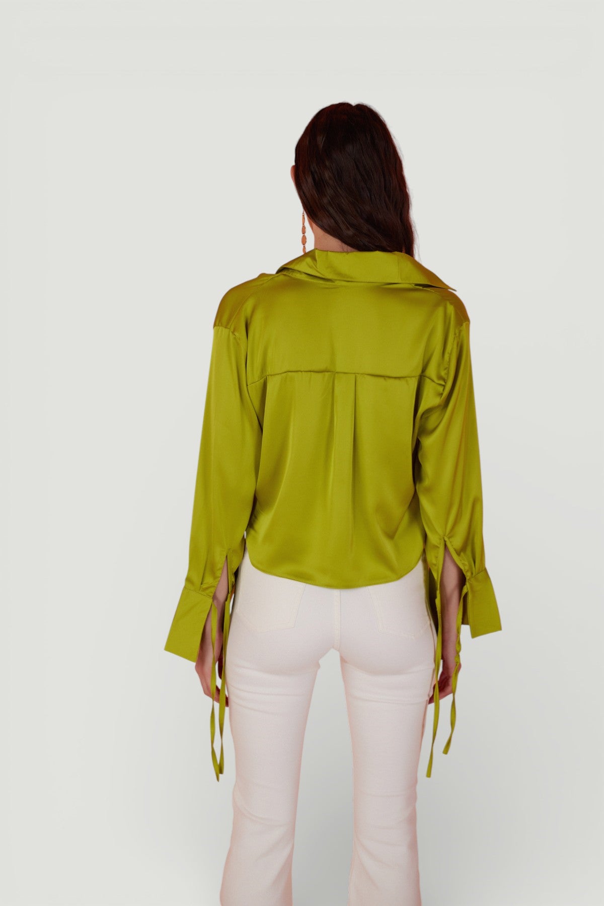 Özel Dokulu Saten Crop Silky Gömlek Yeşil