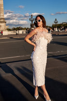 Beyaz Payetli Toz Pembe Boa Otrişli Midi Elbise Ariel - 0