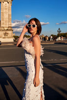 Beyaz Payetli Toz Pembe Boa Otrişli Midi Elbise Ariel - 1