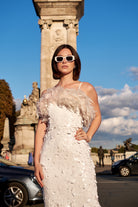 Beyaz Payetli Toz Pembe Boa Otrişli Midi Elbise Ariel - 2